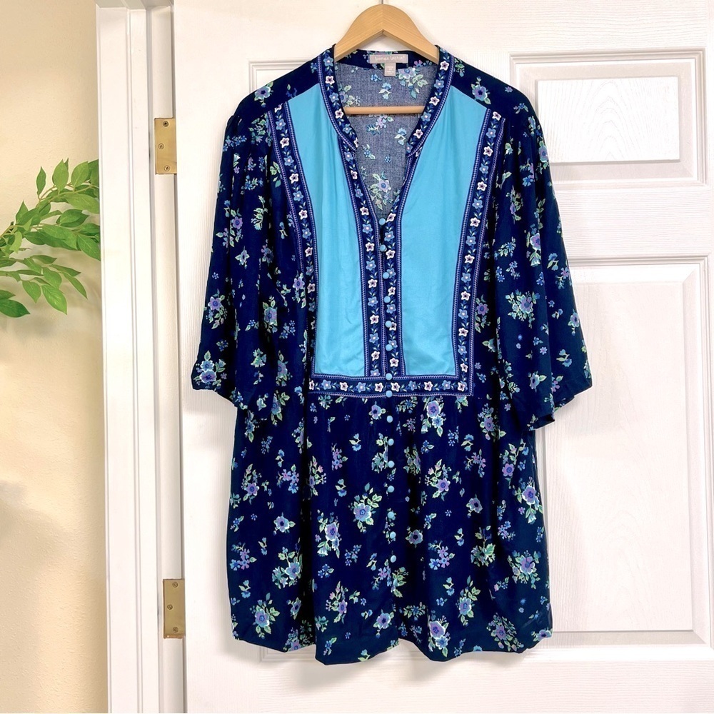 WOMAN WITHIN Plus 2X Floral blue border Bella Tu Tunic blouse Women's boho